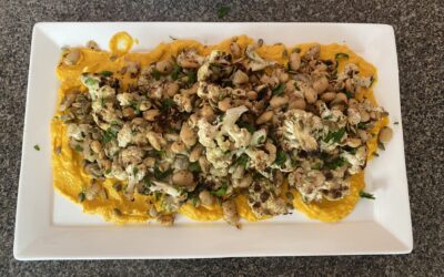 Chargrilled Cauliflower with Fried Butter Beans and Pumpkin Hummus